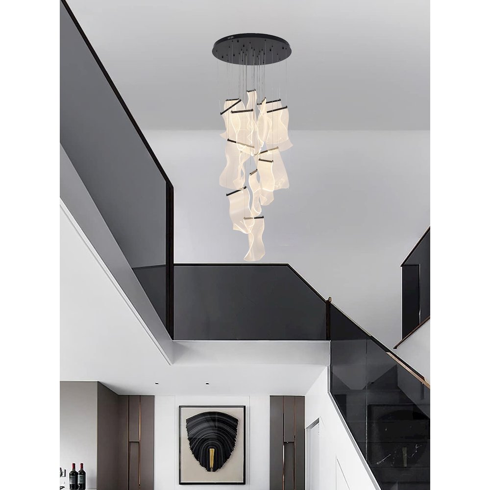 8-Light Satin Black Chandelier With Acrylic Crumbled Sheet Pendants