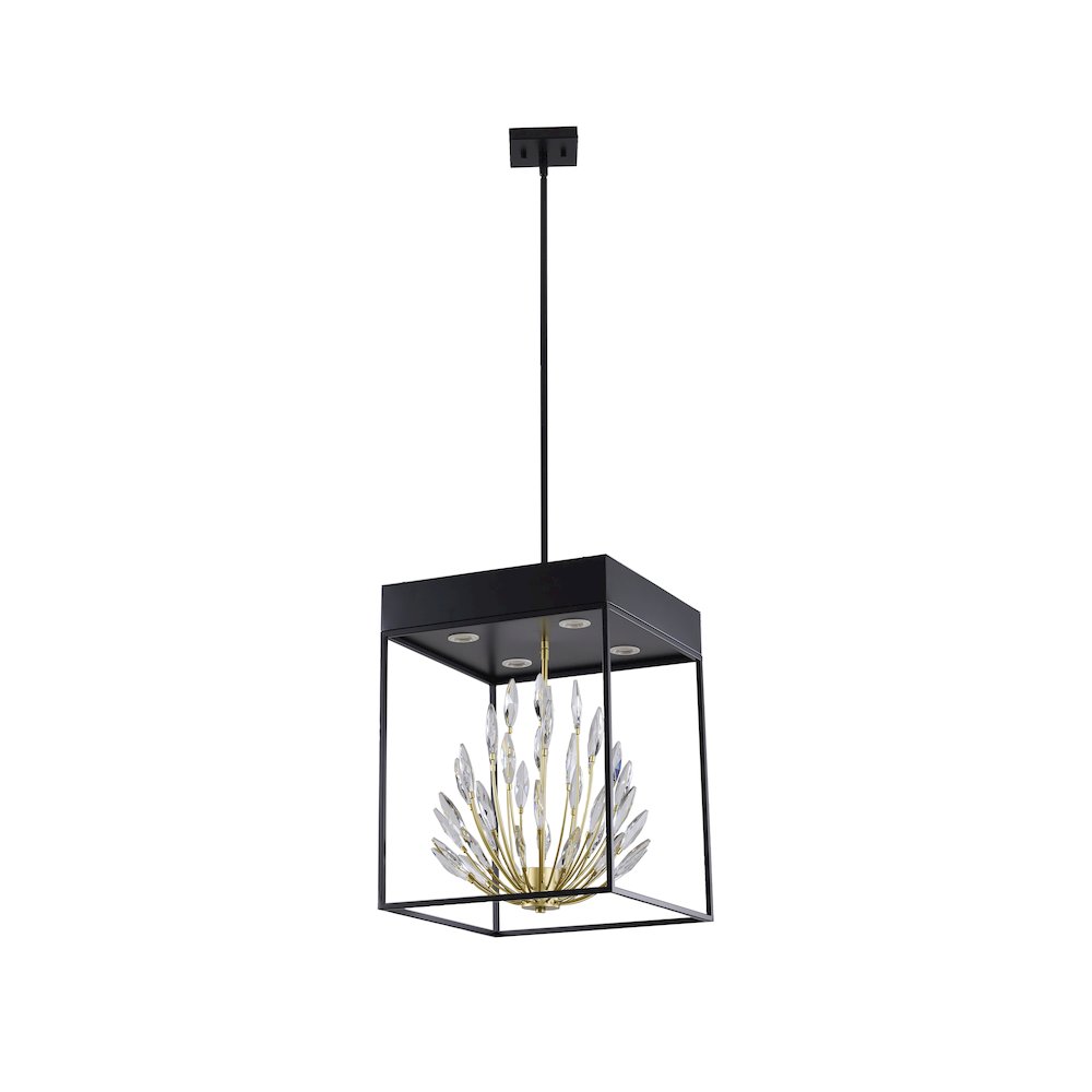 4-Light Matte Black Pendant With Gold Branches And Clear Crystals