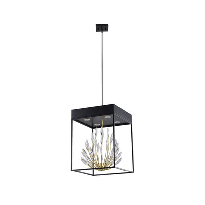 4-Light Matte Black Pendant With Gold Branches And Clear Crystals