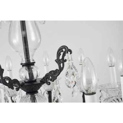 10-Light Satin Black Metal Chandelier With Clear Hanging Crystals