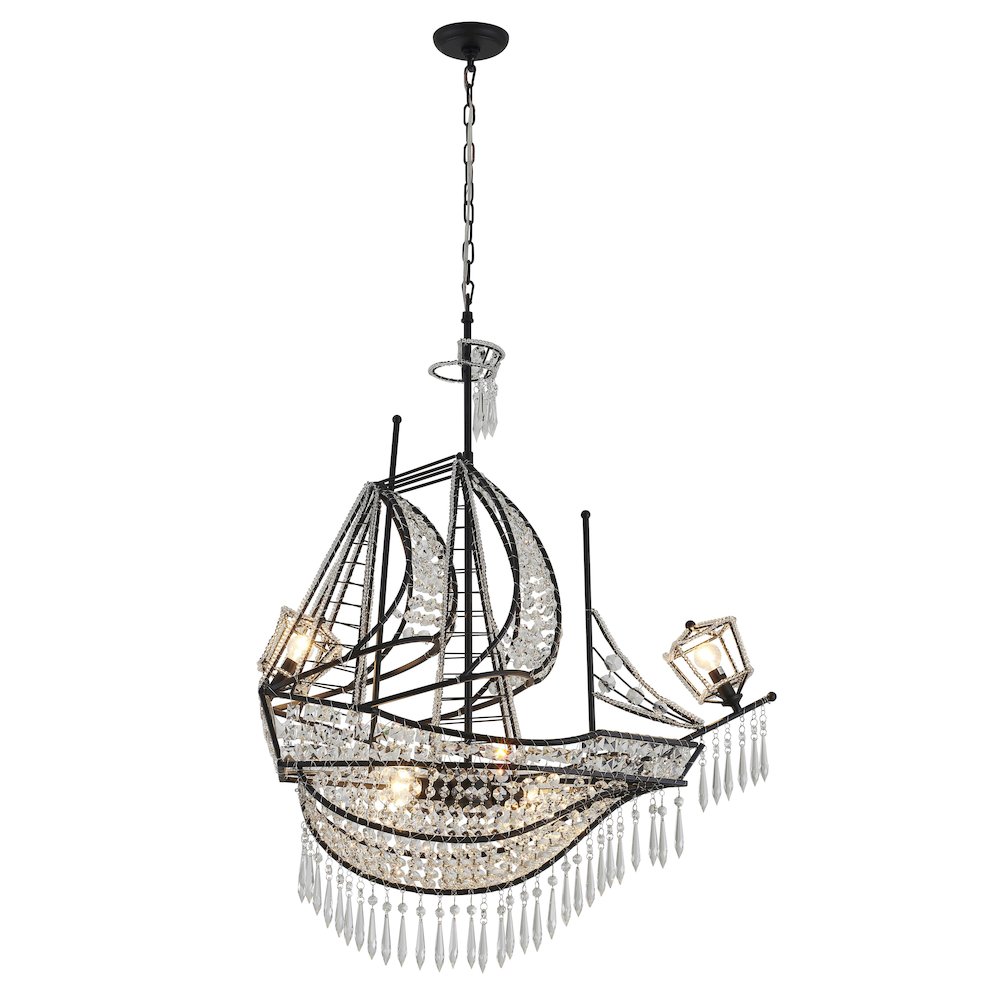 4-Light Matte Black Iron Chandelier With Clear Crystals