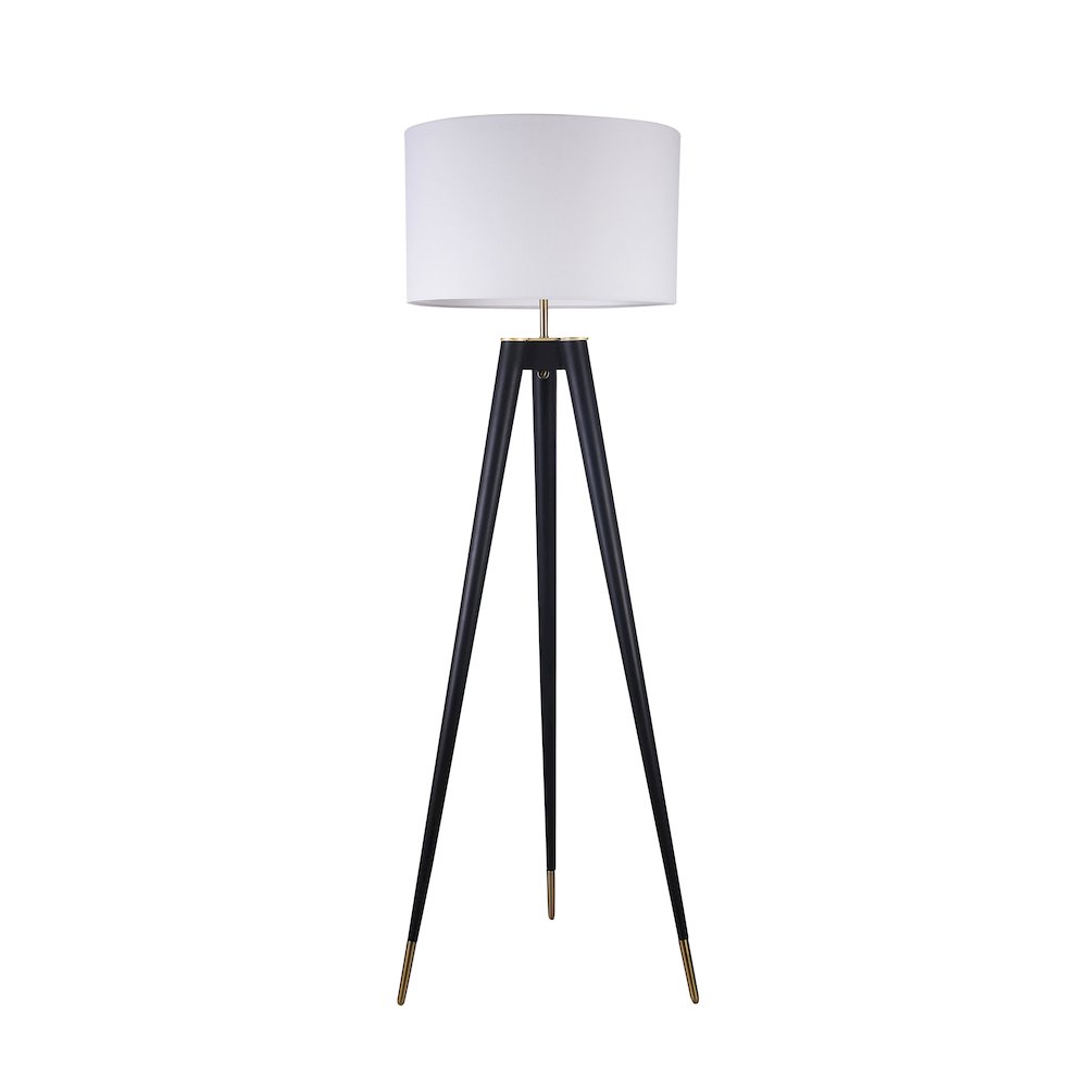 1-Light Black And Brass Floor Lamp With A White Linen Shade