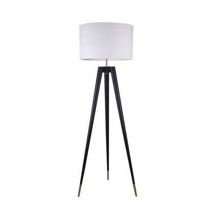 1-Light Black And Brass Floor Lamp With A White Linen Shade