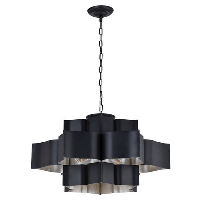 12-Light Matte Black Iron Chandelier With A Silver Leaf Interior