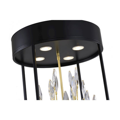 4-Light Matte Black Pendant With Gold Branches And Clear Crystals