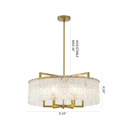 6-Light Brass Chandelier With Hanging Clear Rippled Glass