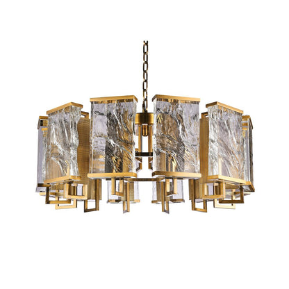 12-Light Brass Metal Chandelier With Clear Crystal Plaques