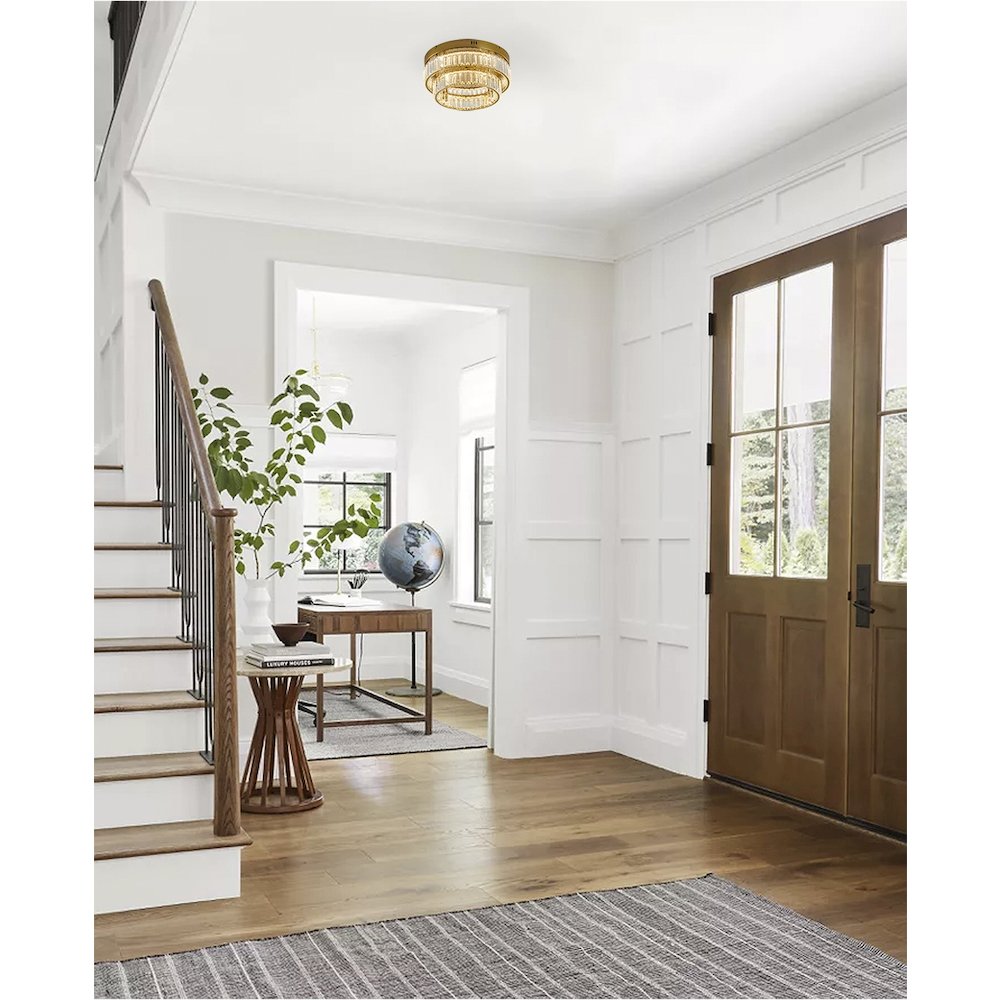 2-Light Brass Dimmable LED Flush Mount With Clear Crystals