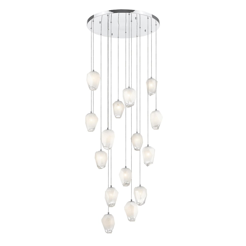 15-Light Chrome Chandelier With White Glass Pendants