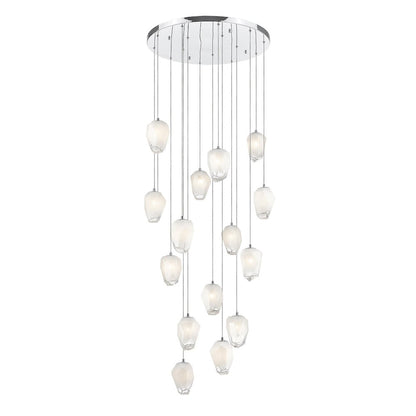 15-Light Chrome Chandelier With White Glass Pendants
