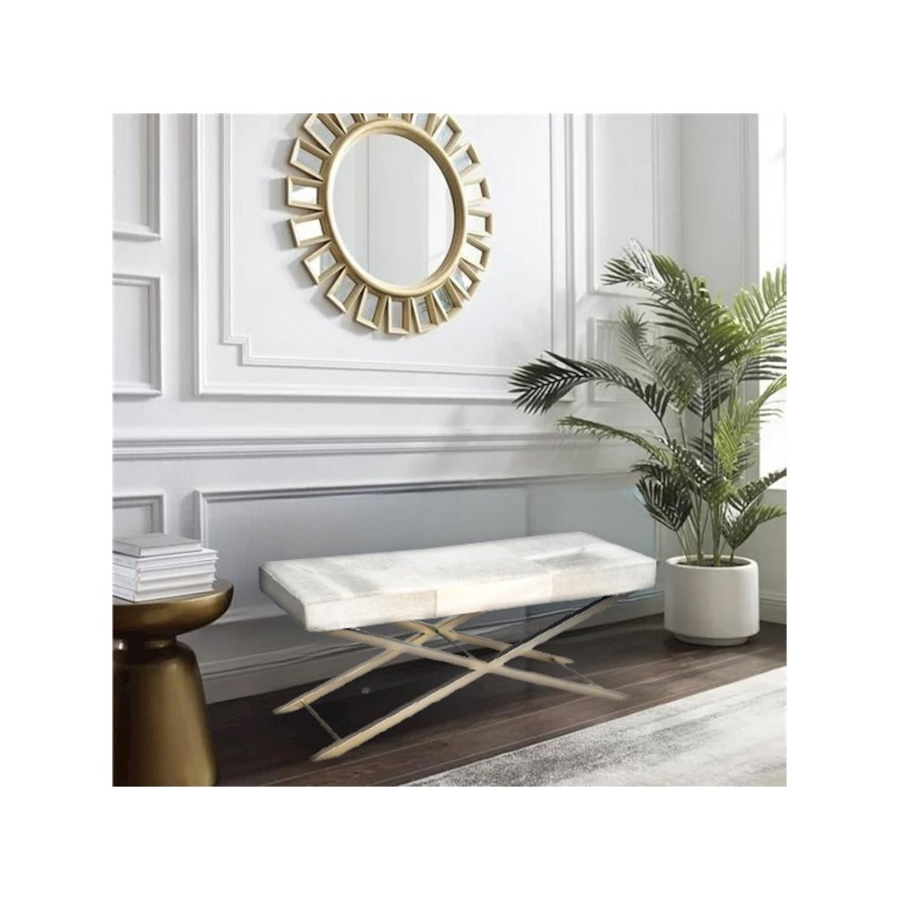Gold Stainless Steel Bench With Grey Hairline Leather