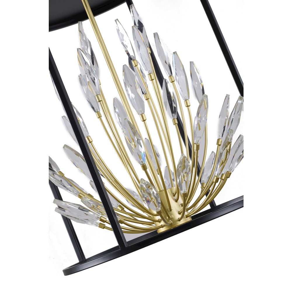 4-Light Matte Black Pendant With Gold Branches And Clear Crystals