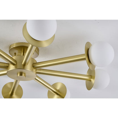 8-Light Satin Brass Flush Mount With White Glass Globe Shades