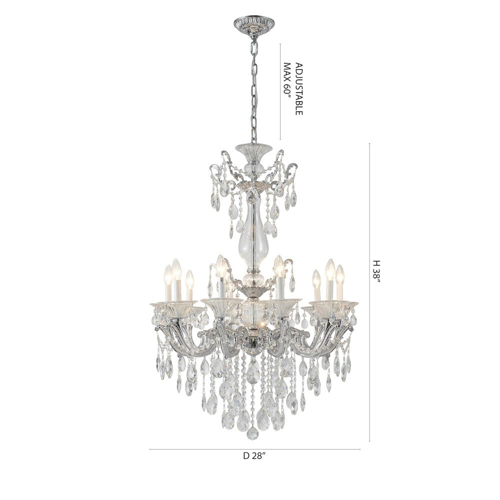 10-Light Chrome Metal Chandelier With Clear Hanging Crystals