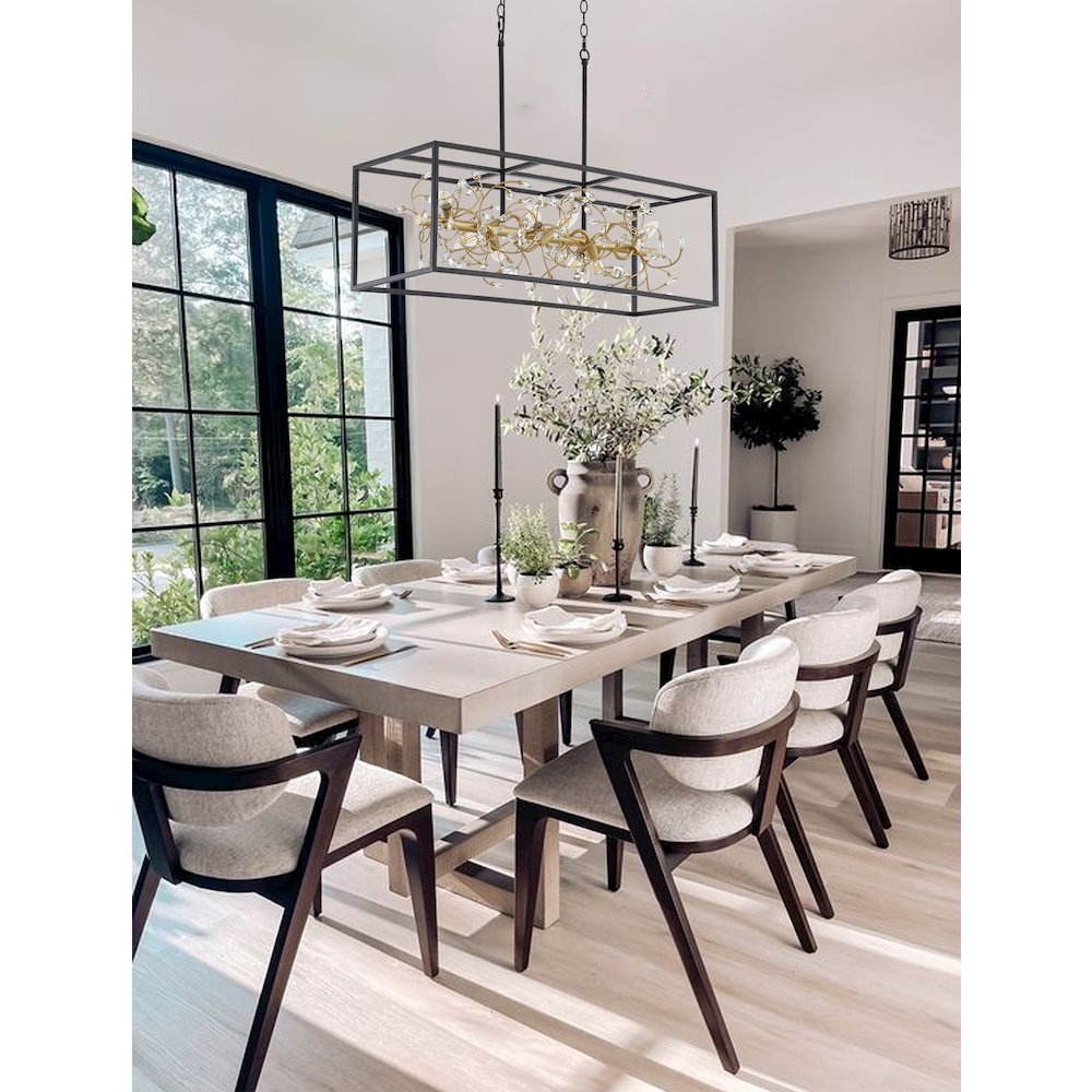 8-Light Black Cage Chandelier With Gold Branch And Clear Crystals