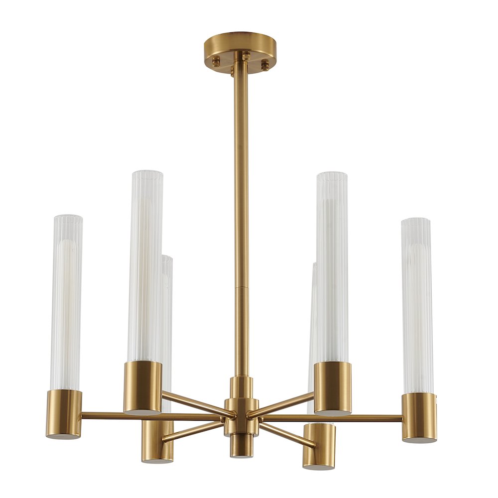 6-Light Brass Chandelier With Ribbed Clear Glass Shades