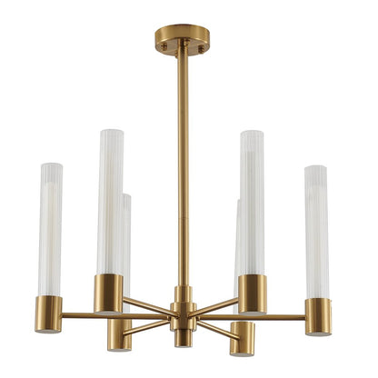 6-Light Brass Chandelier With Ribbed Clear Glass Shades