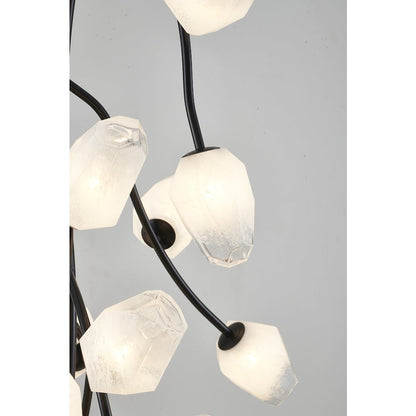 22-Light black iron frame chandelier with white glass shades