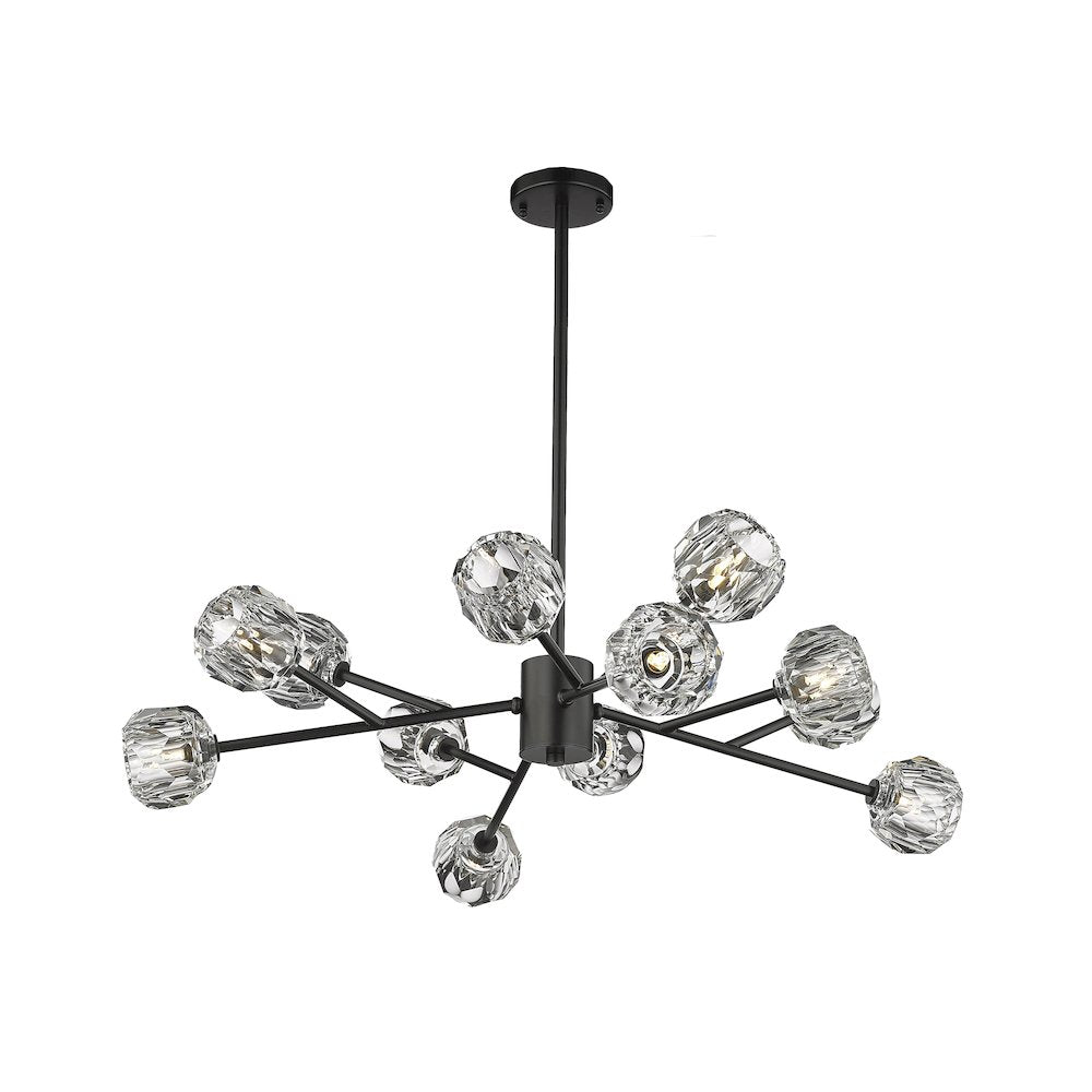 12-Light Black Chandelier With Clear Crystal Shades