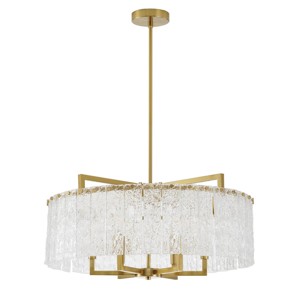6-Light Brass Chandelier With Hanging Clear Rippled Glass