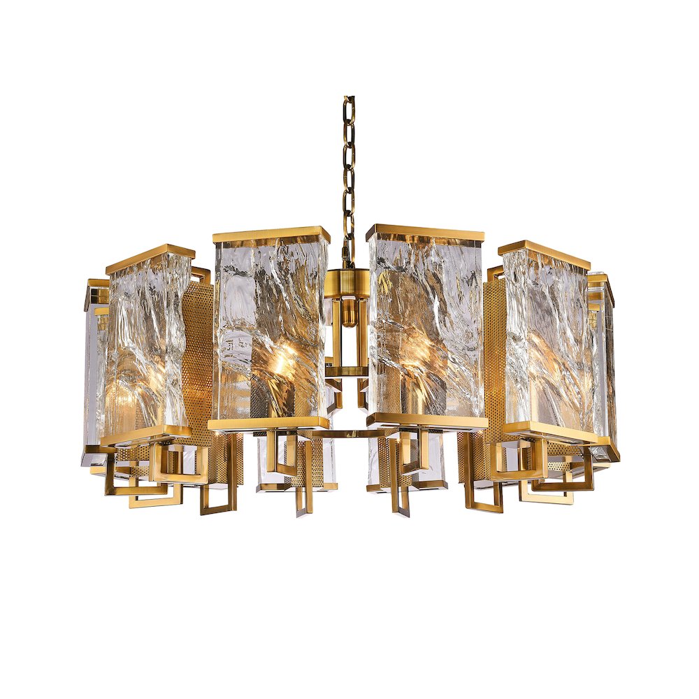 12-Light Brass Metal Chandelier With Clear Crystal Plaques