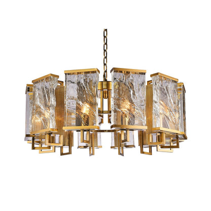12-Light Brass Metal Chandelier With Clear Crystal Plaques