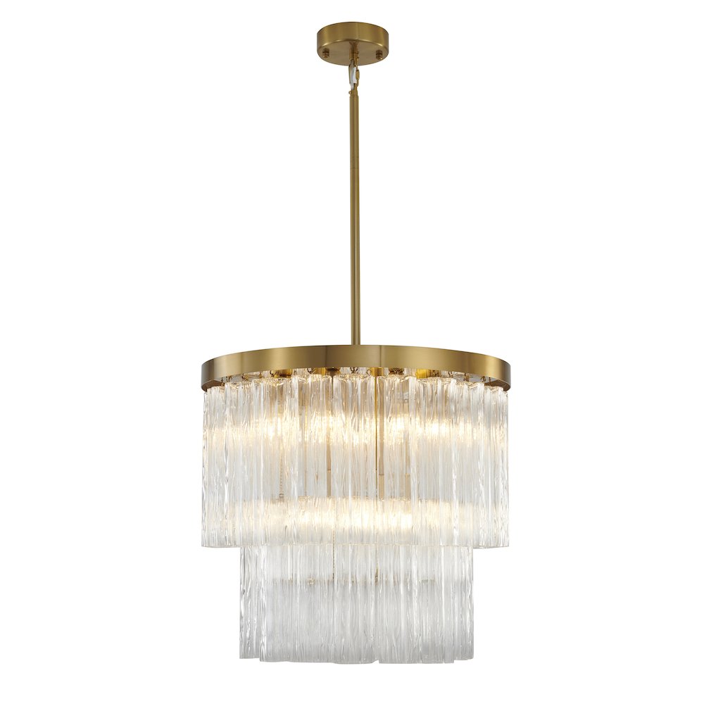 12-Light Satin Brass Metal Chandelier With Clear Ribbed Glass
