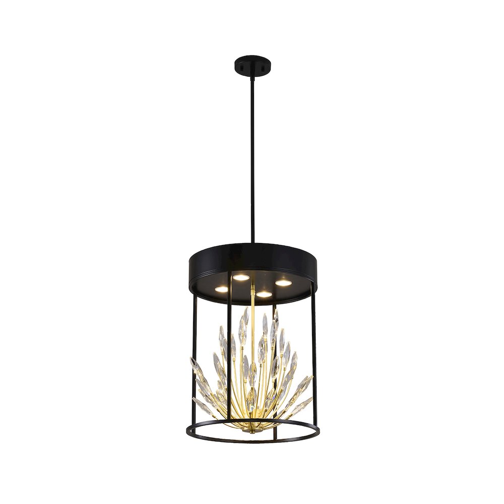 4-Light Matte Black Pendant With Gold Branches And Clear Crystals