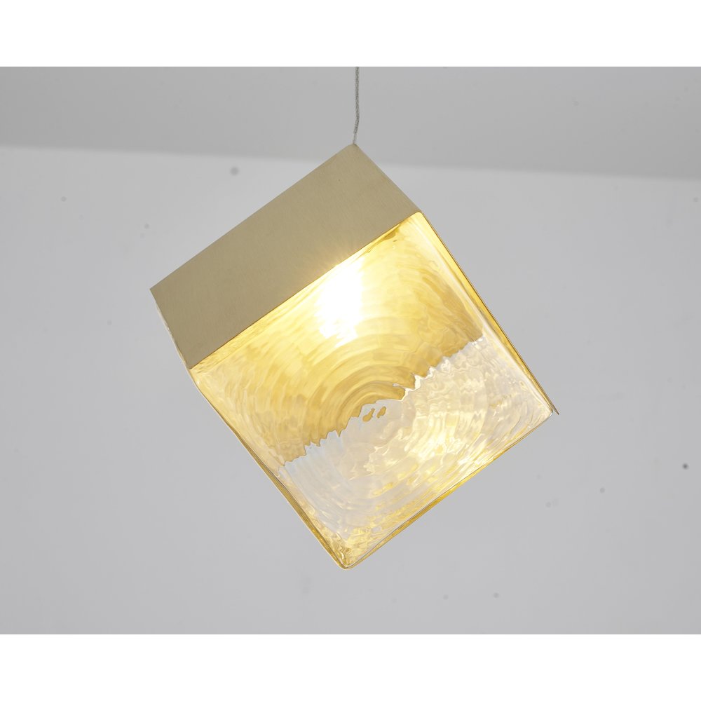 1-Light Brass Cubed Pendant With A Clear Distorted Glass Shade