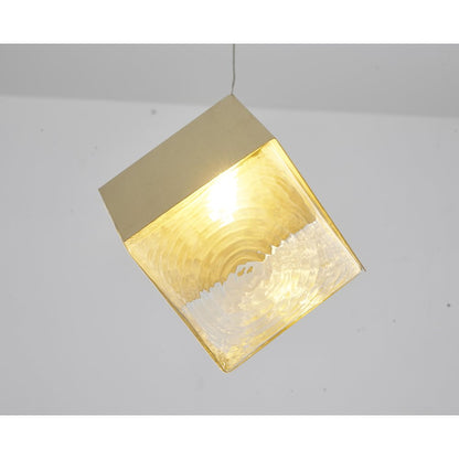 1-Light Brass Cubed Pendant With A Clear Distorted Glass Shade