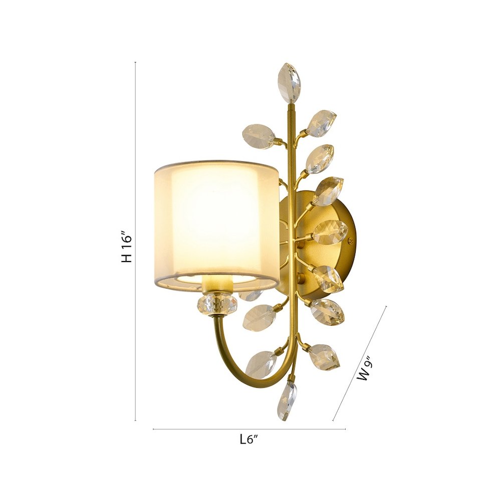 1-Light Aged Silver Branch Wall Sconce With A Fabric Shade And Crystals