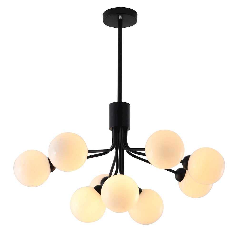 9-Light Black Metal Chandelier With White Glass Globe Shades