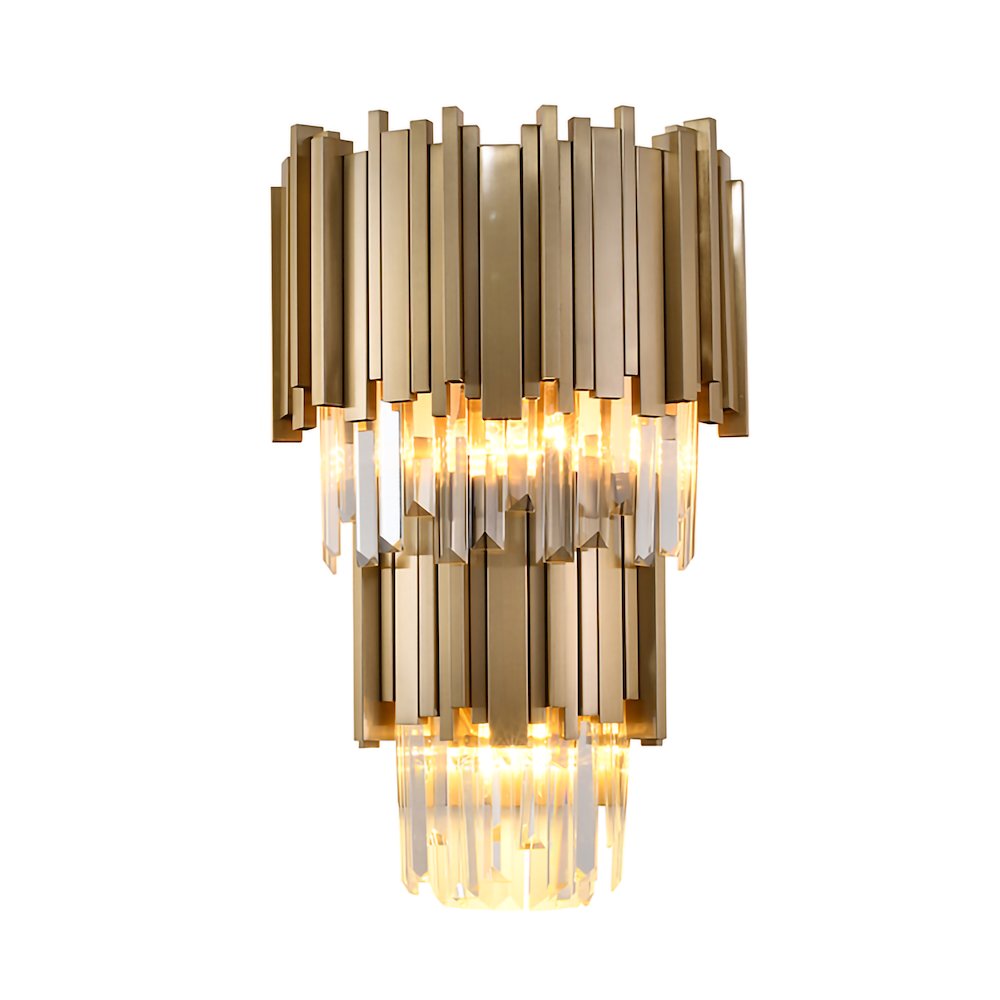 3-Light Brushed Gold Wall Sconce With Clear Crystals
