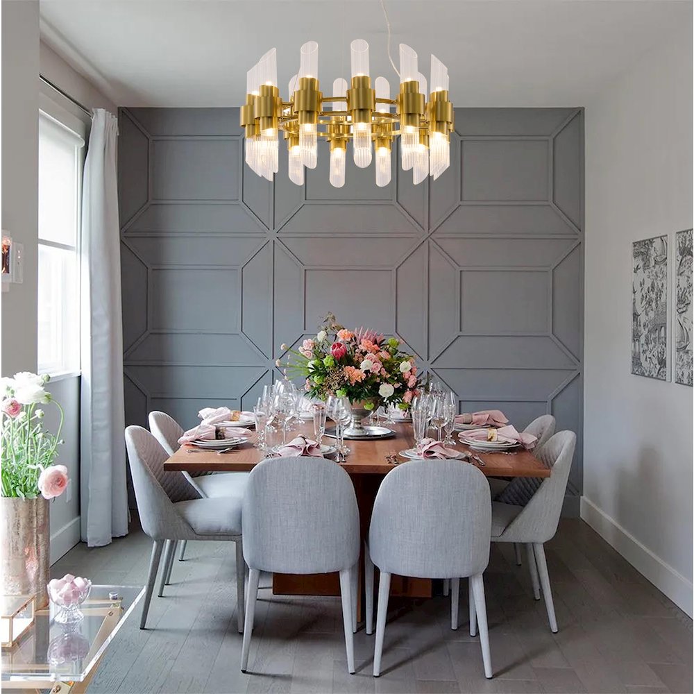 24-Light Satin Brass Iron Chandelier With Glass Shades
