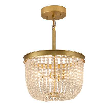 3-Light Gold Semi Flush Mount With Clear Glass Beads