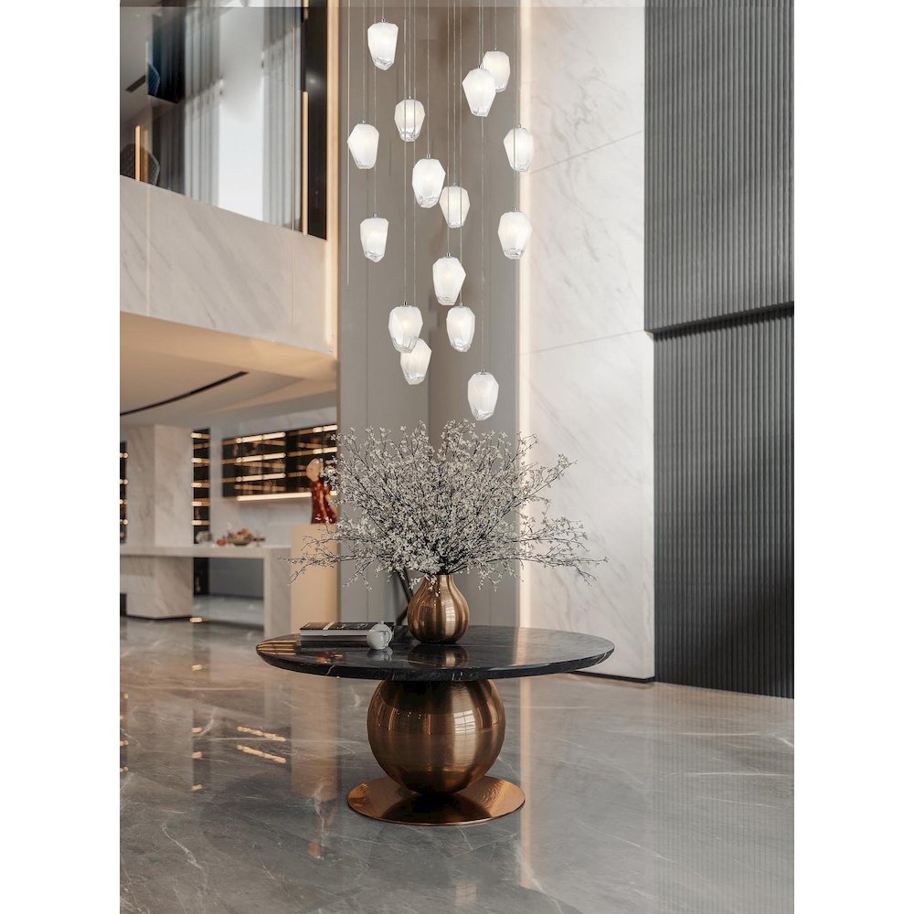 15-Light Chrome Chandelier With White Glass Pendants