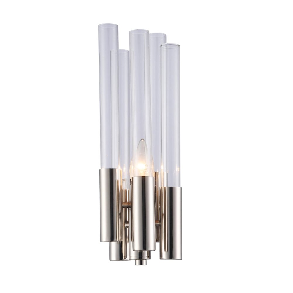 1-Light Shiny Nickel Metal Wall Sconce With Clear Glass Rods