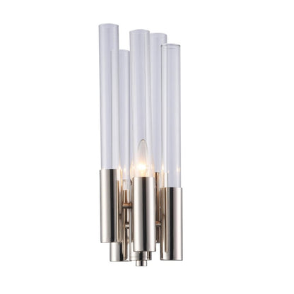 1-Light Shiny Nickel Metal Wall Sconce With Clear Glass Rods