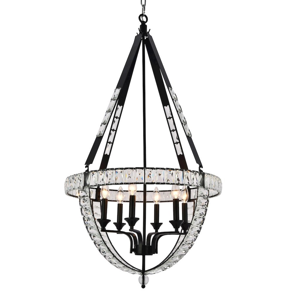 6-Light Matte Black Metal Chandelier With Clear Crystals