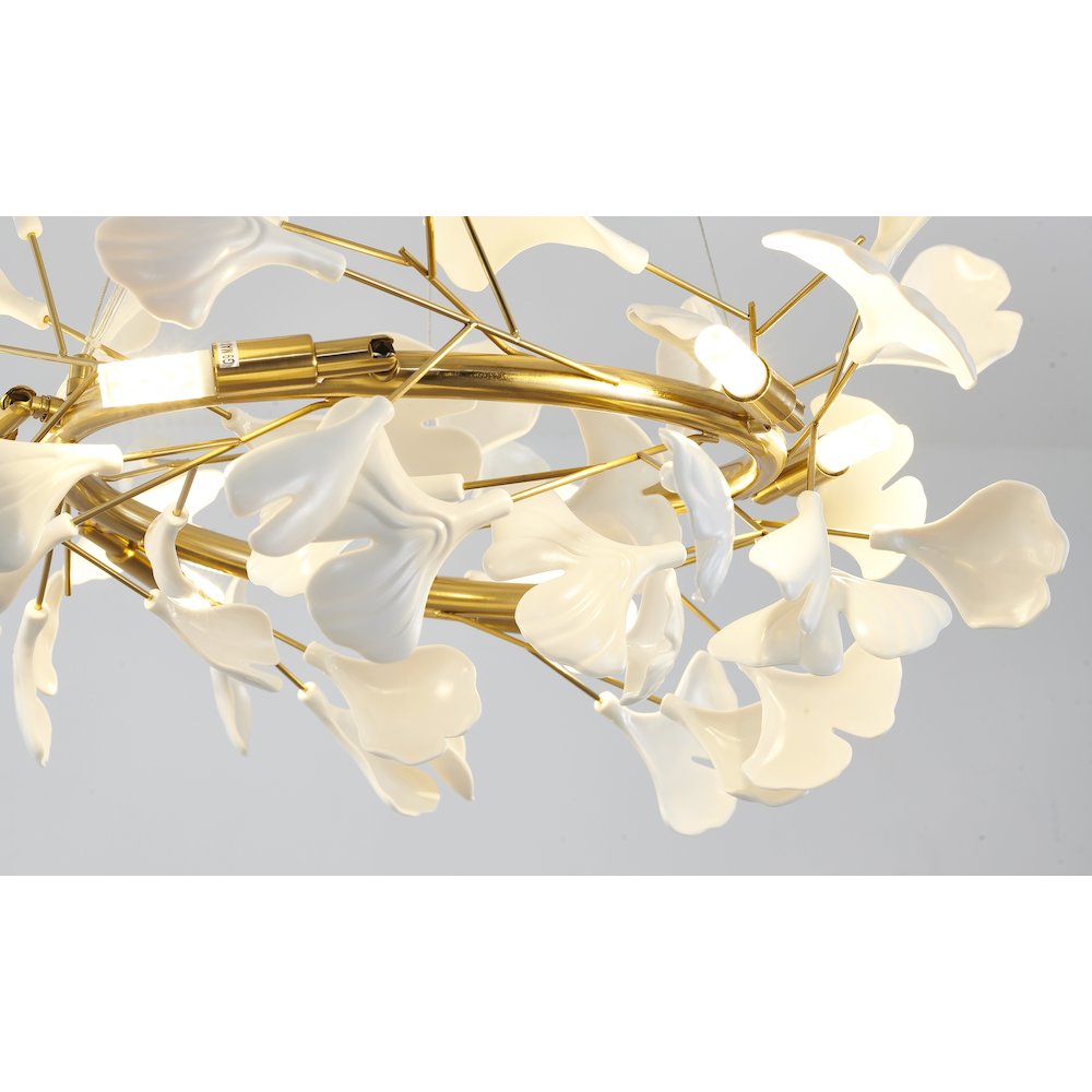 6-Light Brass Chandelier With Matte White Plastic Leaf Petals in a round shape