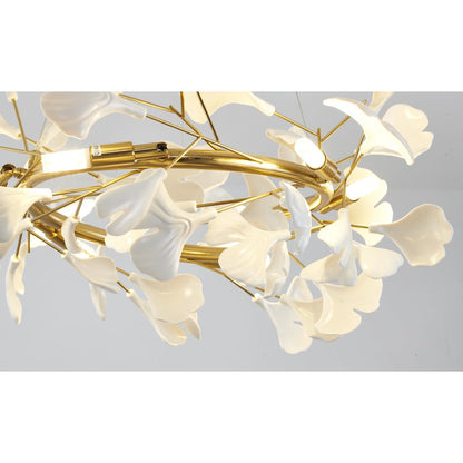 6-Light Brass Chandelier With Matte White Plastic Leaf Petals in a round shape