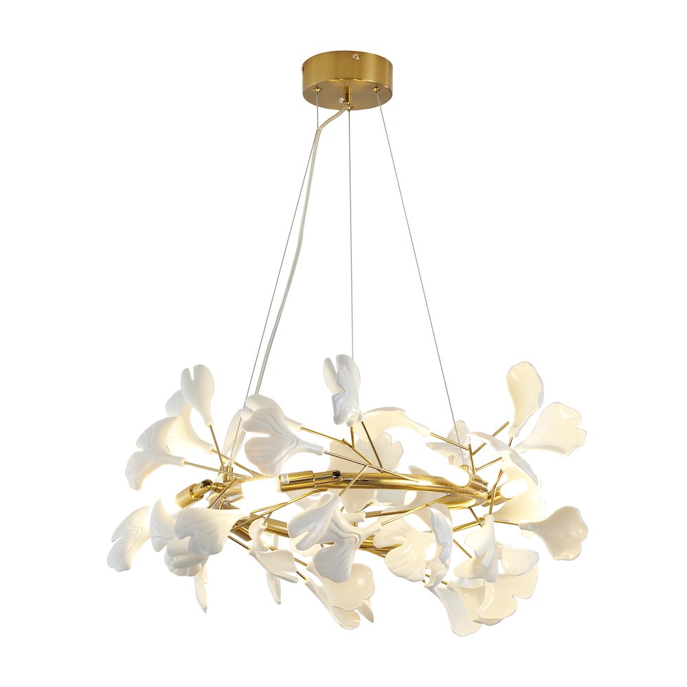 6-Light Brass Chandelier With Matte White Plastic Leaf Petals in a round shape