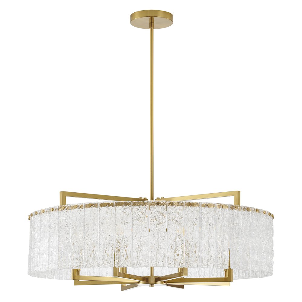 8-Light Brass Chandelier With Hanging Clear Rippled Glass