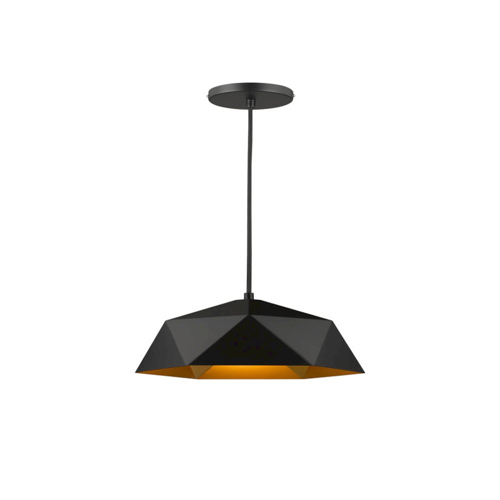 1-Light Black Metal Shade Pendant With A Gold Interior