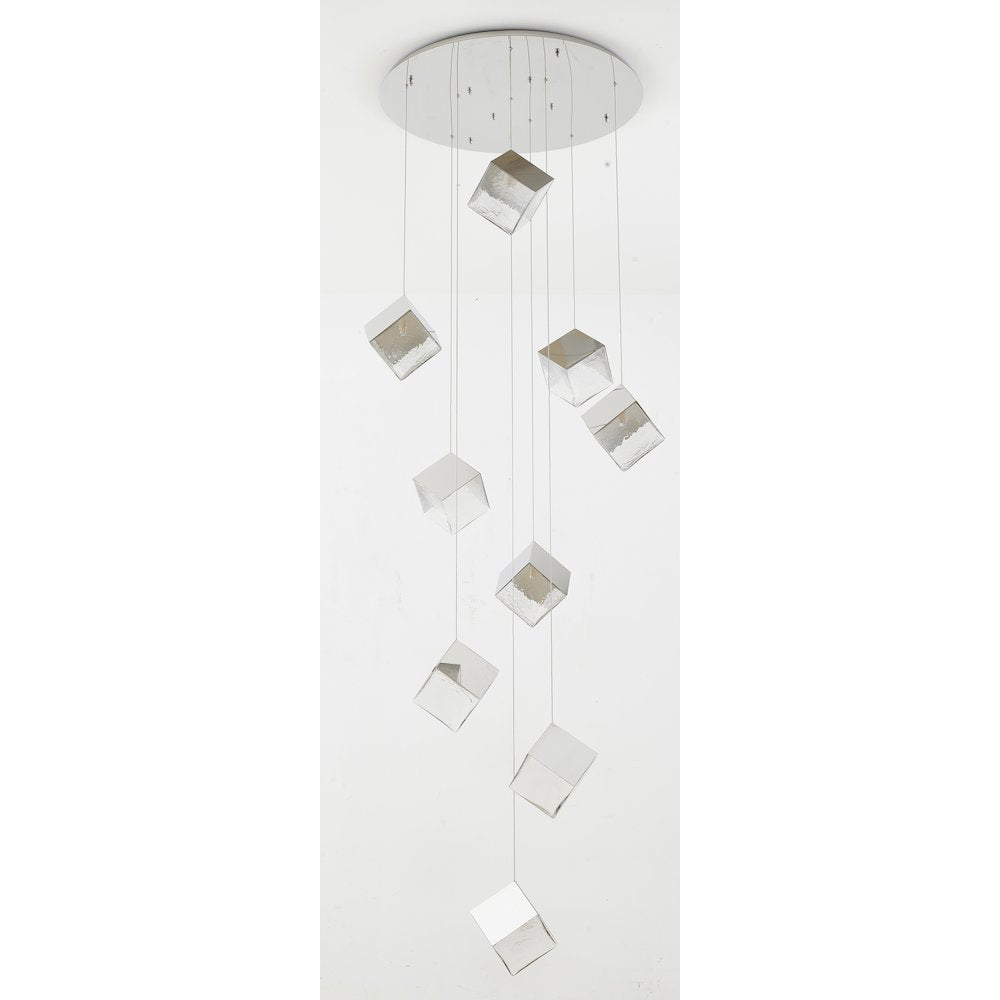 9-Light Chrome Cubed Chandelier With A Clear Distorted Glass Shades