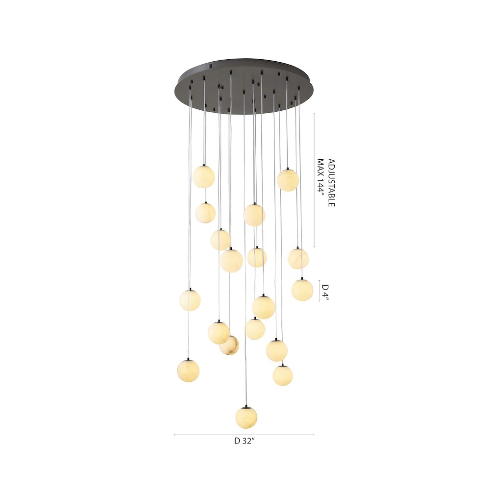 18-Light Black Stainless Steel Chandelier With Alabaster Pendants