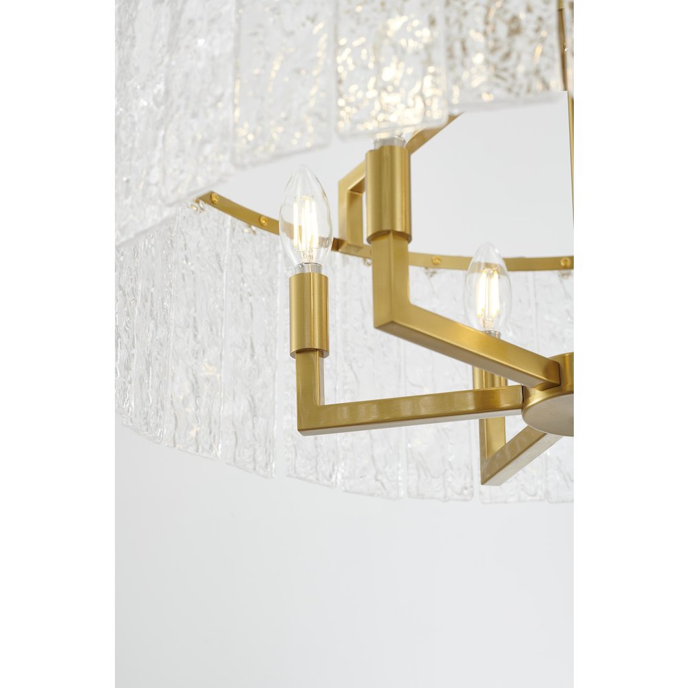 6-Light Brass Chandelier With Hanging Clear Rippled Glass