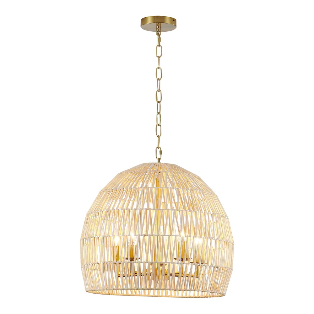 5-Light Brass Chandelier With A Natural White Wood Vine Basket Shade
