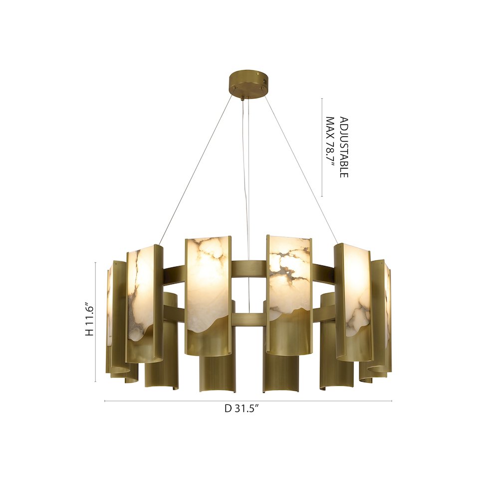 12-Light Satin Brass Aluminum LED Chandelier With White Alabaster Accents