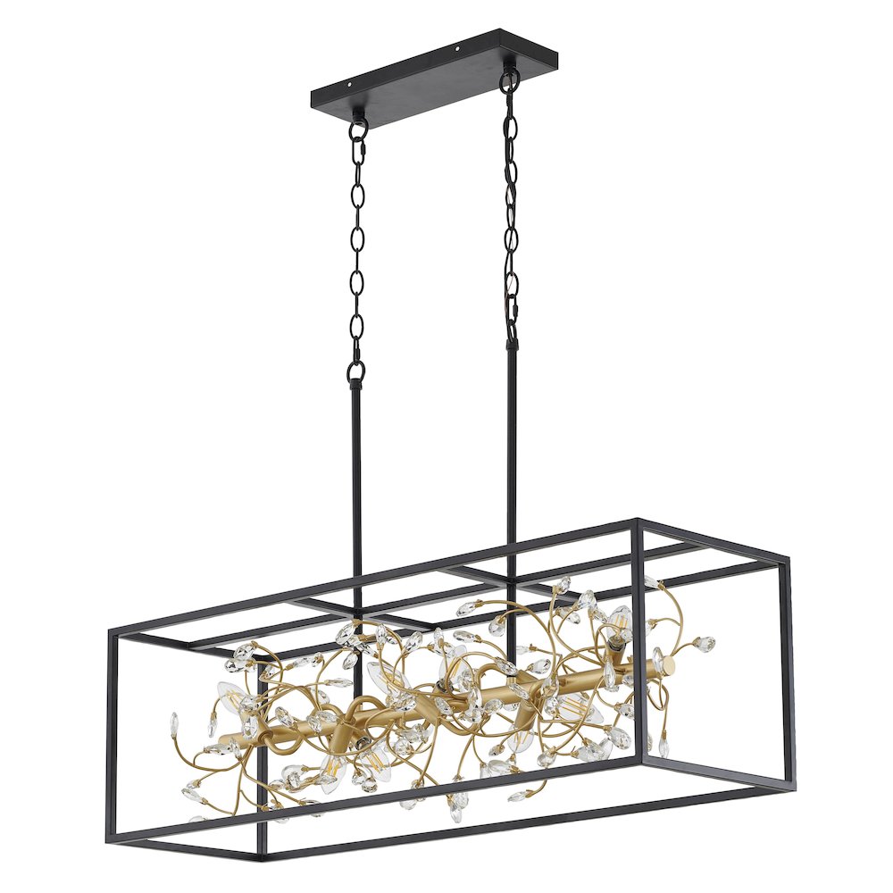 8-Light Black Cage Chandelier With Gold Branch And Clear Crystals